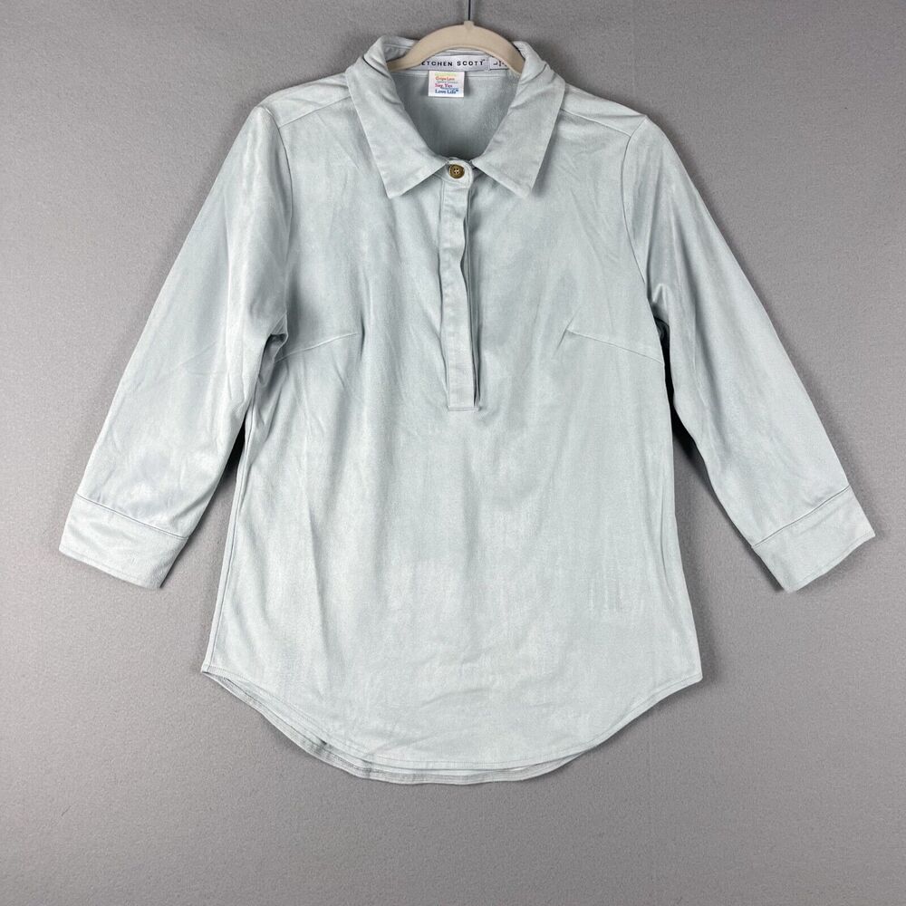 Gretchen Scott Faux Suede Polo Popover Top Womens Large‎ Blue 3/4 Sleeve Stretch